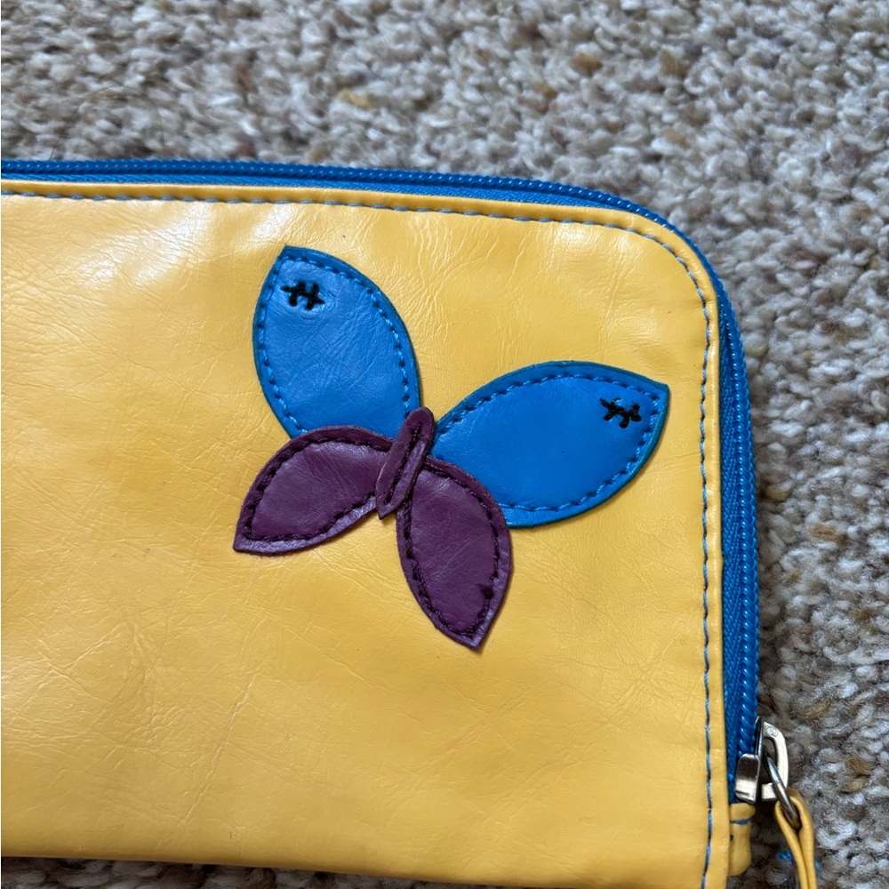( Wallet) Yellow leather wallet with Butterfly Design